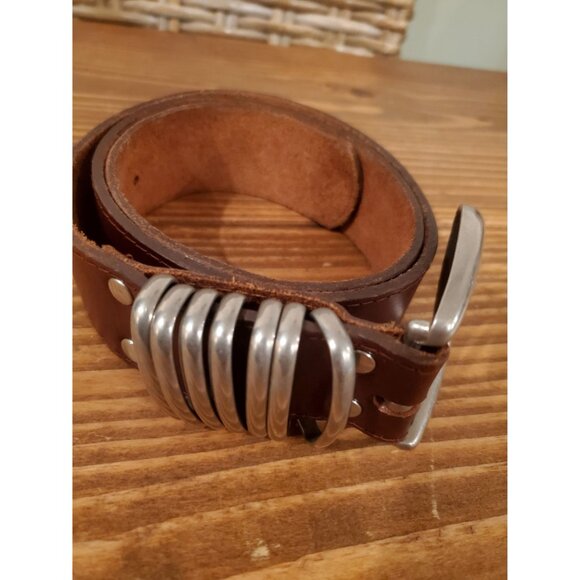Vintage Brown Leather Belt With Silver Loops Buckle Design By L. Chessler - Picture 3 of 7